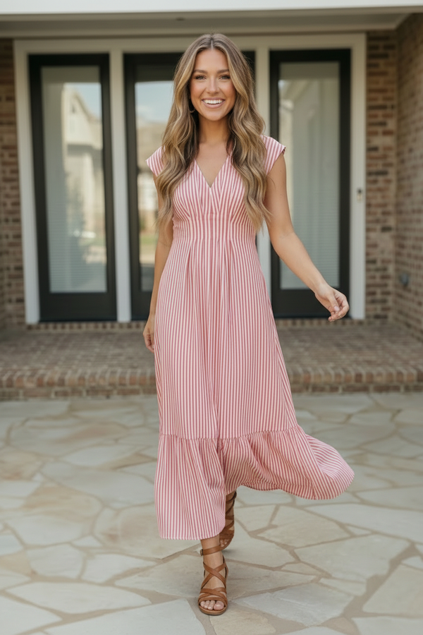 Sweet Stripe Tiered Maxi Dress in Red