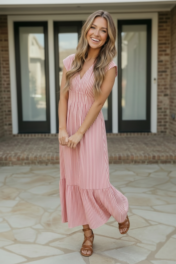 Sweet Stripe Tiered Maxi Dress in Red