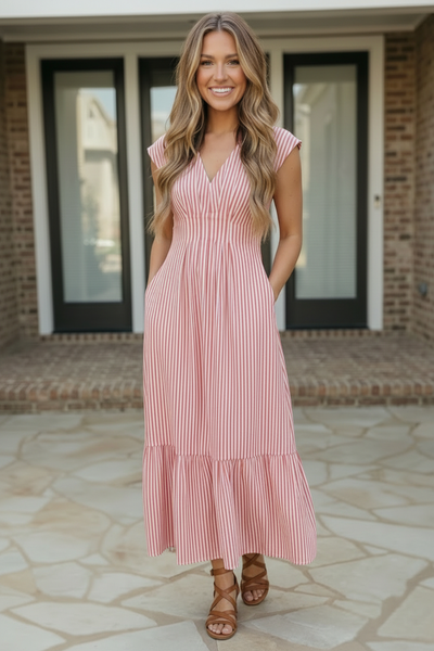 Sweet Stripe Tiered Maxi Dress in Red