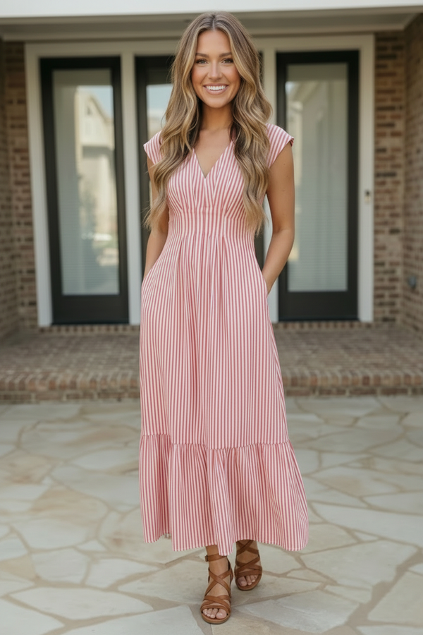 Sweet Stripe Tiered Maxi Dress in Red