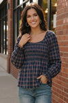 Sweetheart Smocked Navy Plaid Top