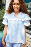 Lost In Love Cotton Blue Gingham Shirred Mock Neck Top