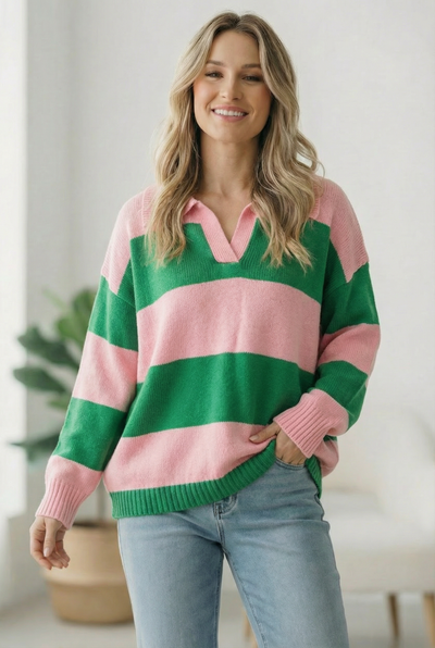 I'll Be On The Sidelines Green and Pink Sweater