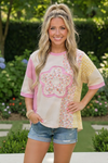 Patchwork Flower Oversized Tee in Pink and Yellow