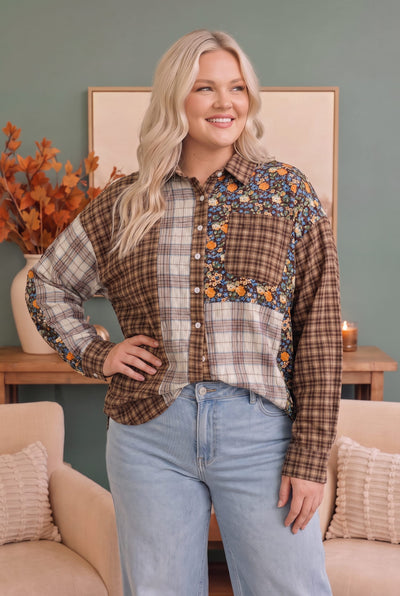 Patchwork Plaid Mixed Media Button Down Shirt