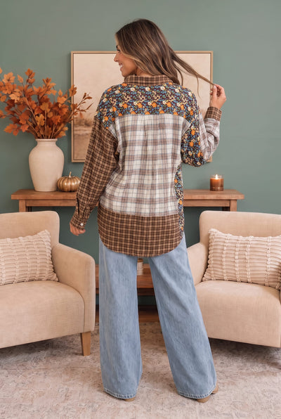 Patchwork Plaid Mixed Media Button Down Shirt