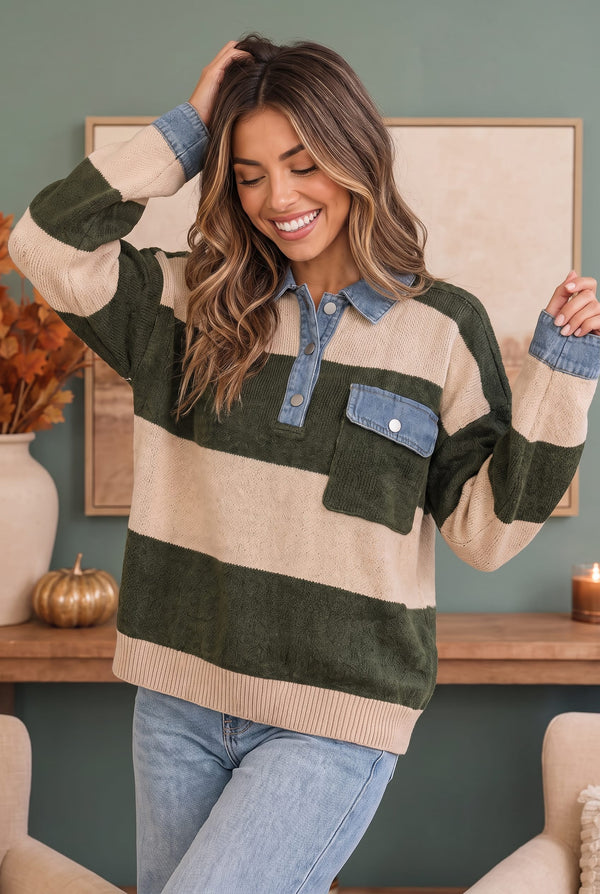 Olive Grove Striped Denim Collar Sweater