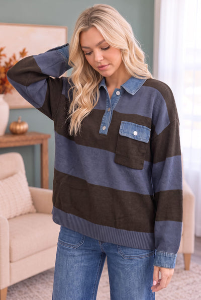 Blueberry Fields Striped Denim Collar Sweater