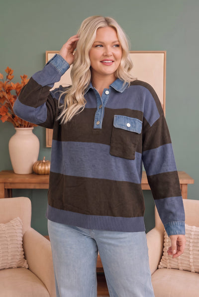 Blueberry Fields Striped Denim Collar Sweater