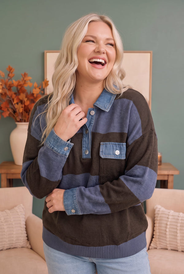 Blueberry Fields Striped Denim Collar Sweater