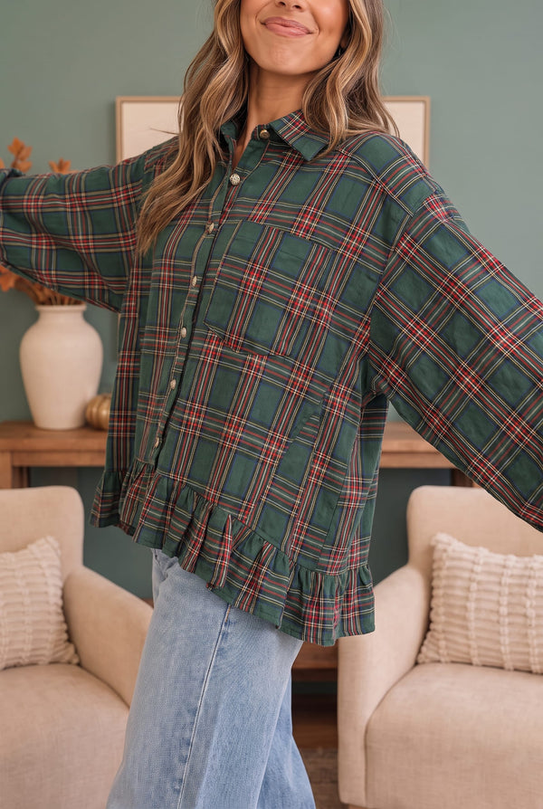 Ruffle the Rules Plaid Flannel Top in Green