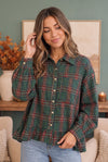 Ruffle the Rules Plaid Flannel Top in Green