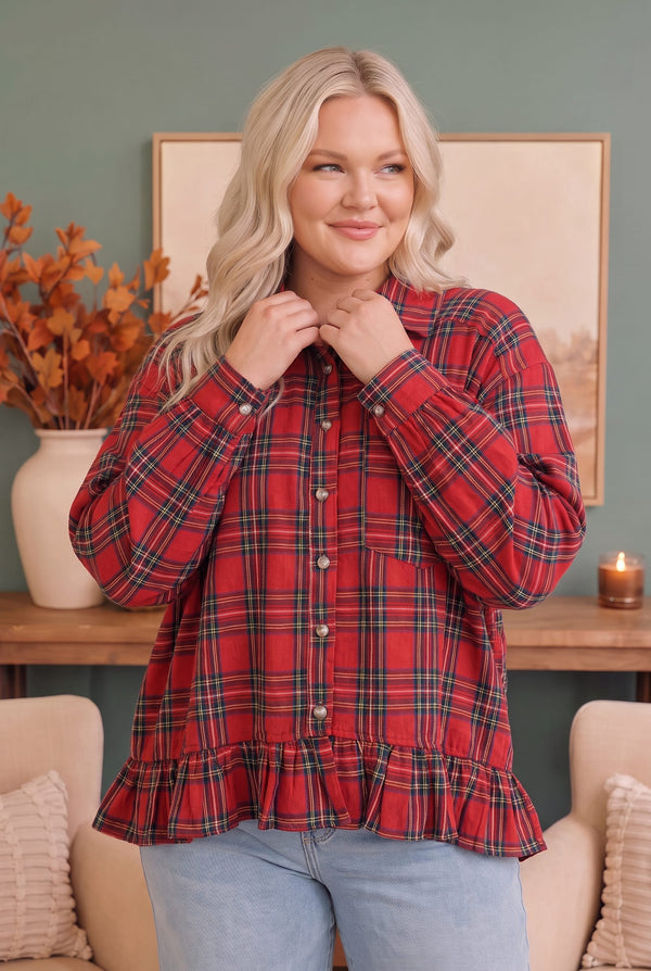 Ruffle the Rules Plaid Flannel Top in Red