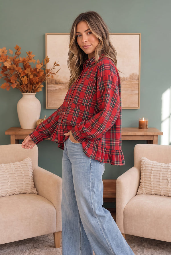 Ruffle the Rules Plaid Flannel Top in Red
