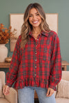 Ruffle the Rules Plaid Flannel Top in Red