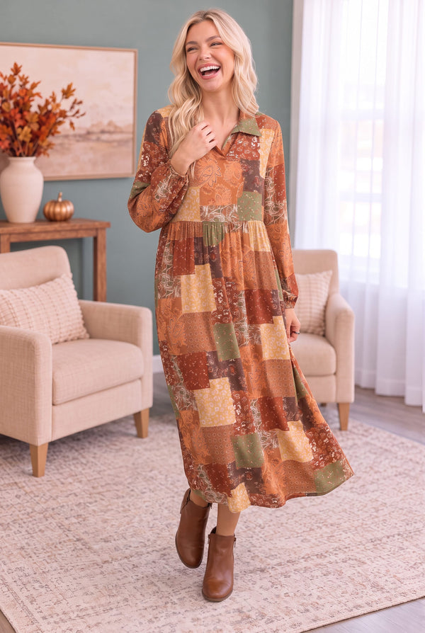 Patchwork Dreams Long Sleeve Midi Dress