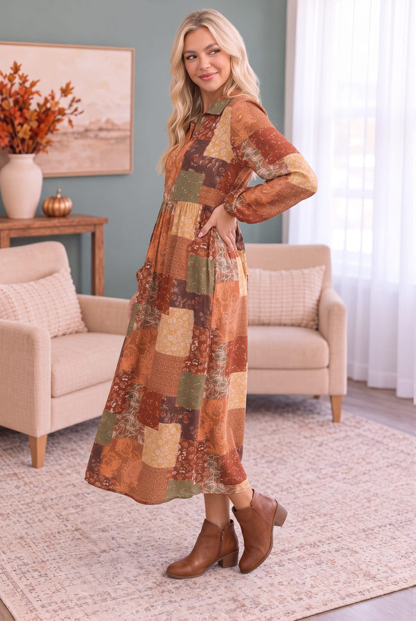 Patchwork Dreams Long Sleeve Midi Dress