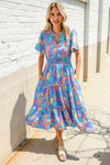 Can't Say No Blue Tropical Floral Frill Notch Neck Bubble Sleeve Dress