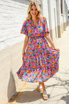 Follow Me Fuchsia Floral Print Frill Notch Neck Bubble Sleeve Dress