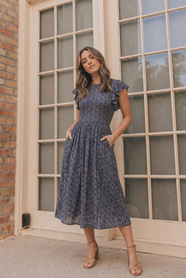 Black Floral Flutter Sleeve Midi Dress