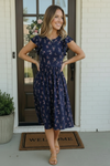 Navy Floral Flutter Sleeve Midi Dress