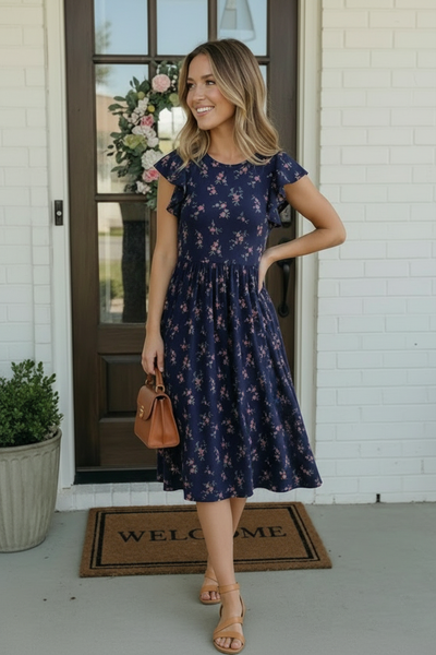 Navy Floral Flutter Sleeve Midi Dress