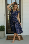 Navy Floral Flutter Sleeve Midi Dress