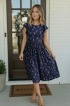 Navy Floral Flutter Sleeve Midi Dress