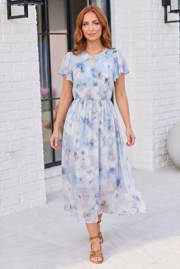 Watercolor Garden Flutter Sleeve Midi Dress