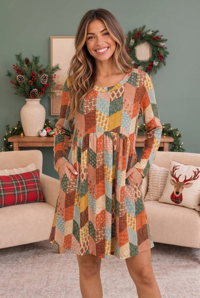 Patchwork Charm Long Sleeve Babydoll Dress