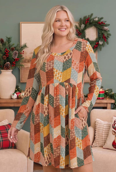 Patchwork Charm Long Sleeve Babydoll Dress