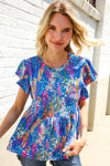 Perfect Find Blue Floral Leaf Print Short Sleeve Babydoll Top