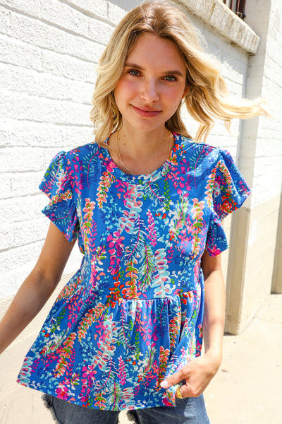 Perfect Find Blue Floral Leaf Print Short Sleeve Babydoll Top
