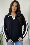 Varsity Vibes Notched Collar Black Top