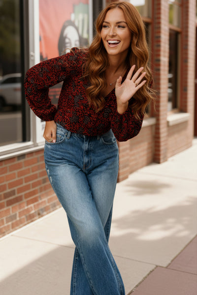 Tangerine Blooms V Neck Blouse