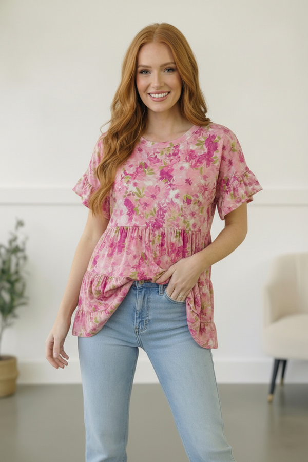 In the Pink Meadows Tiered Babydoll Top