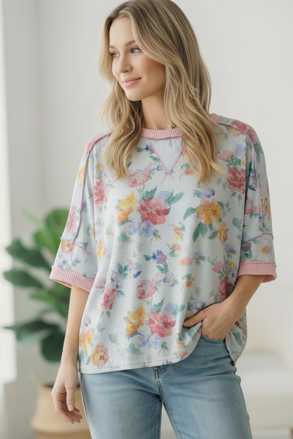 Rosey Teacup Ribbed Crewneck