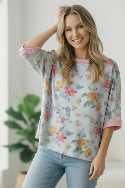 Rosey Teacup Ribbed Crewneck