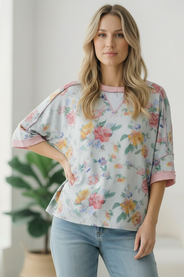 Rosey Teacup Ribbed Crewneck