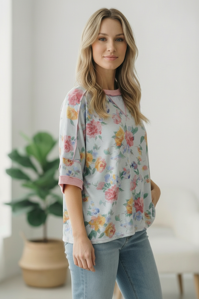 Rosey Teacup Ribbed Crewneck