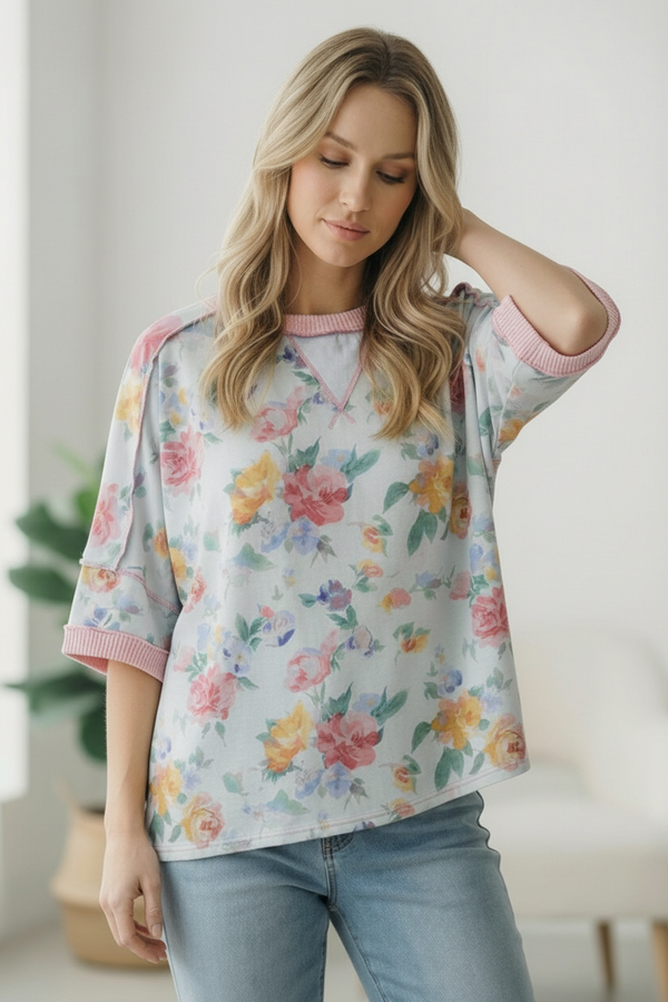 Rosey Teacup Ribbed Crewneck