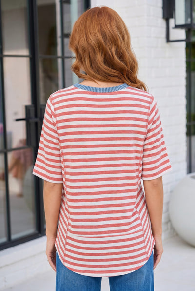 Retro Stripe Oversized Tee with Contrast Ribbed Neck