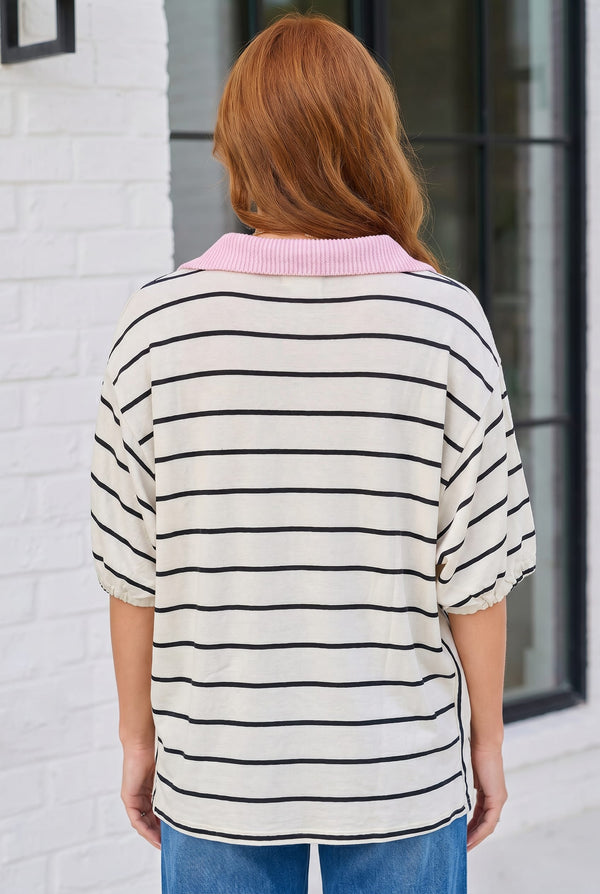 Stripe It Up Polo Tee in Ivory and Pink