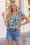 Tropical Pop Multicolor Print V-Neck Top