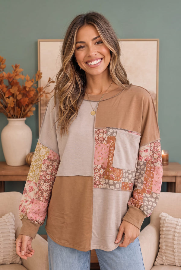 Neapolitan Patchwork Floral Colorblock Pullover
