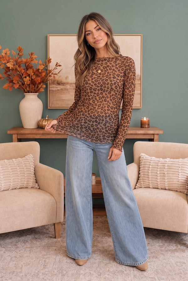 Wild Side Leopard Mesh Long Sleeve Top
