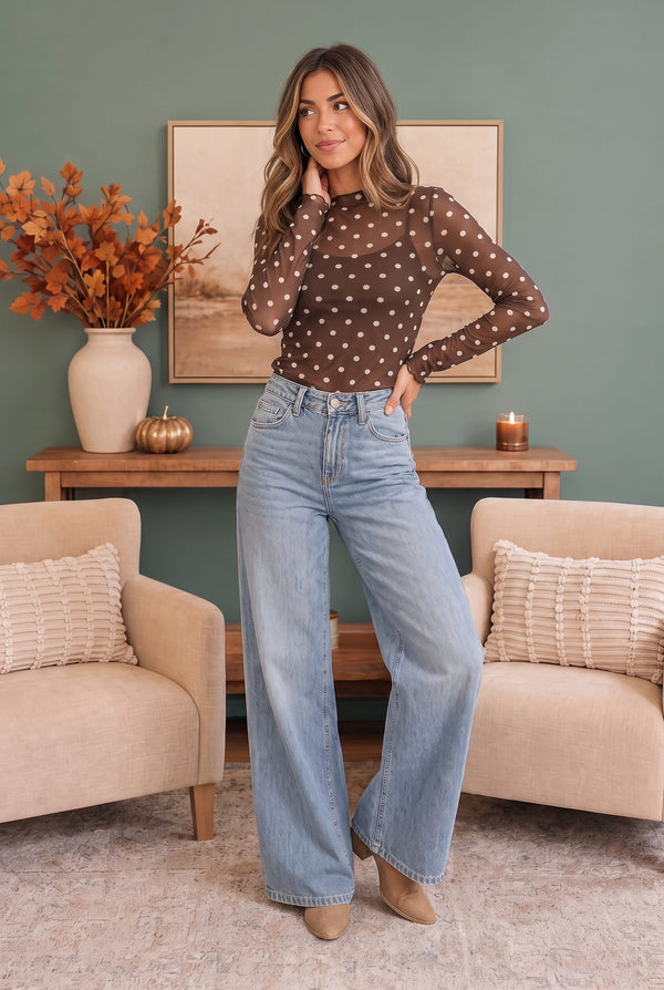 Dotted Dreams Sheer Mesh Mock Neck Top