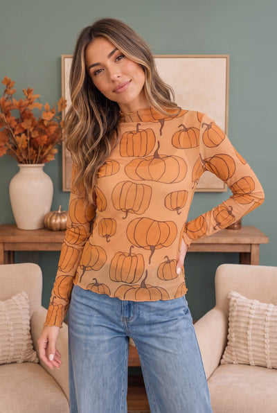 Pumpkin Patch Mesh Mock Neck Top
