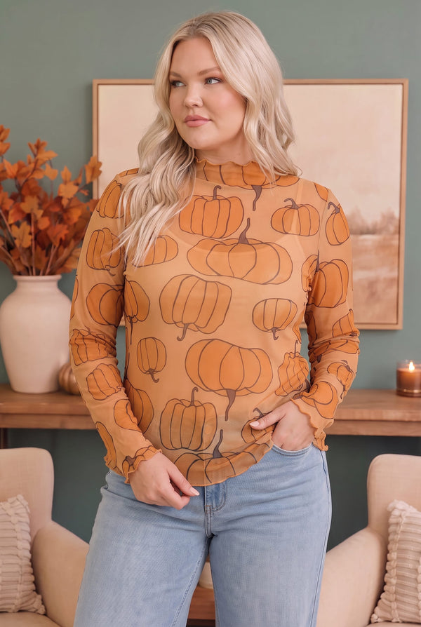 Pumpkin Patch Mesh Mock Neck Top