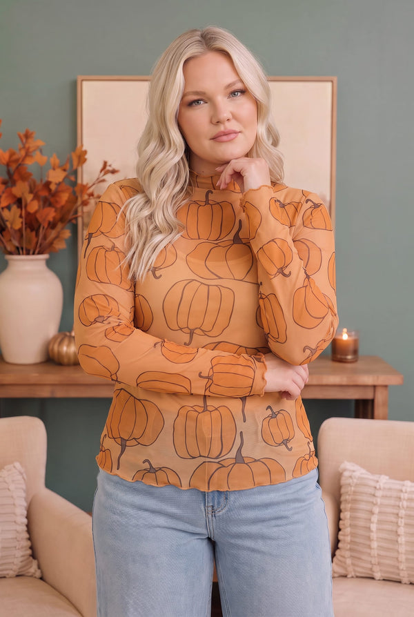 Pumpkin Patch Mesh Mock Neck Top